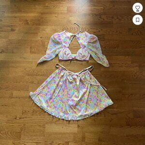 For Love & Lemons Pink Punch Skirt Set Crop Bra Top Puff Floral XXS Pastel sheer